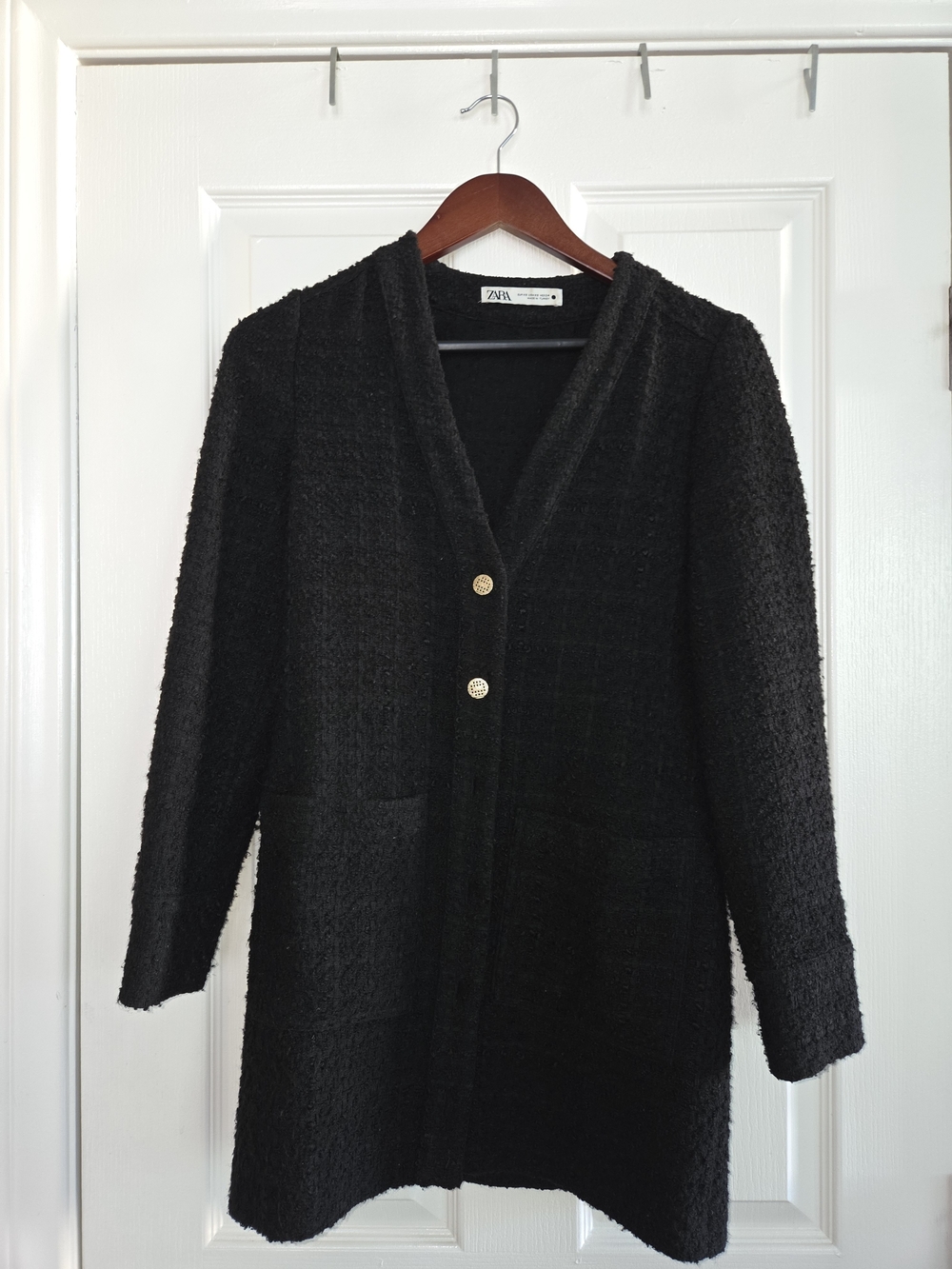Zara Black Bouclé Long Cardigan with Gold Buttons
